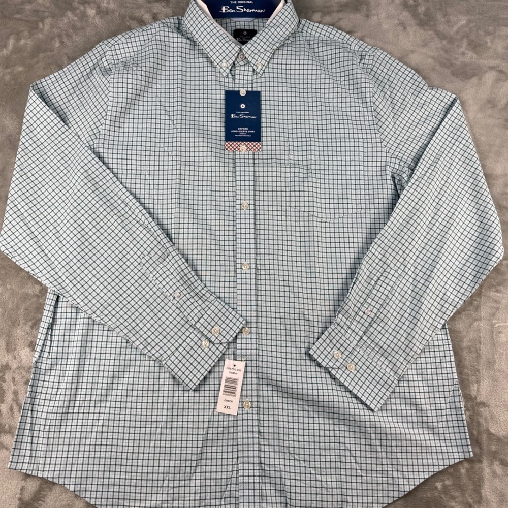 Ben Sherman Shirt Mens XXL Oxford Green Check Stretch Button-Down NEW
